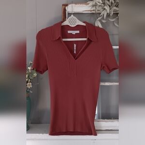 NWT LOFT Rust Color Ribbed V-Neck Short Sleeve Top Size L⚘️
